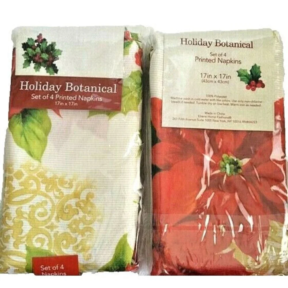 Christmas Poinsettia Fabric Napkins Holiday Botanical Red Gold Set of 4
